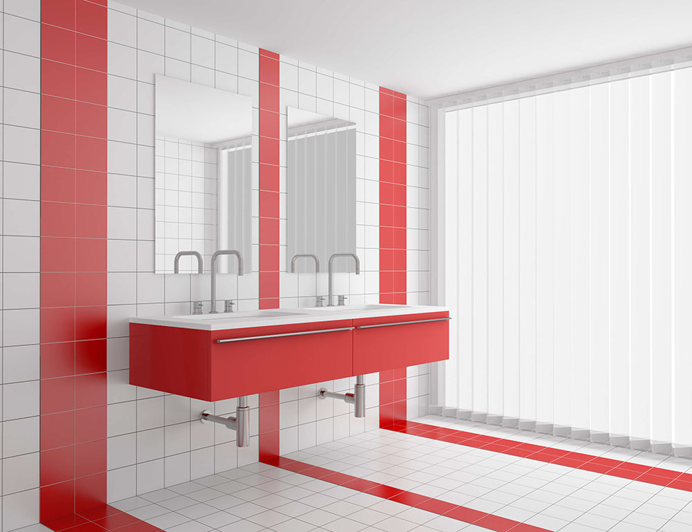 modern bathroom with red and white tiles on wall and floor